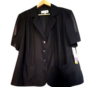 NWT Womens 16 Danny & Nicole Black Pleated Academia Short Sleeve Blazer Top